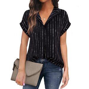 Women Black Stripe Short Sleeve Blouses V Neck Design Business Attire Shirts